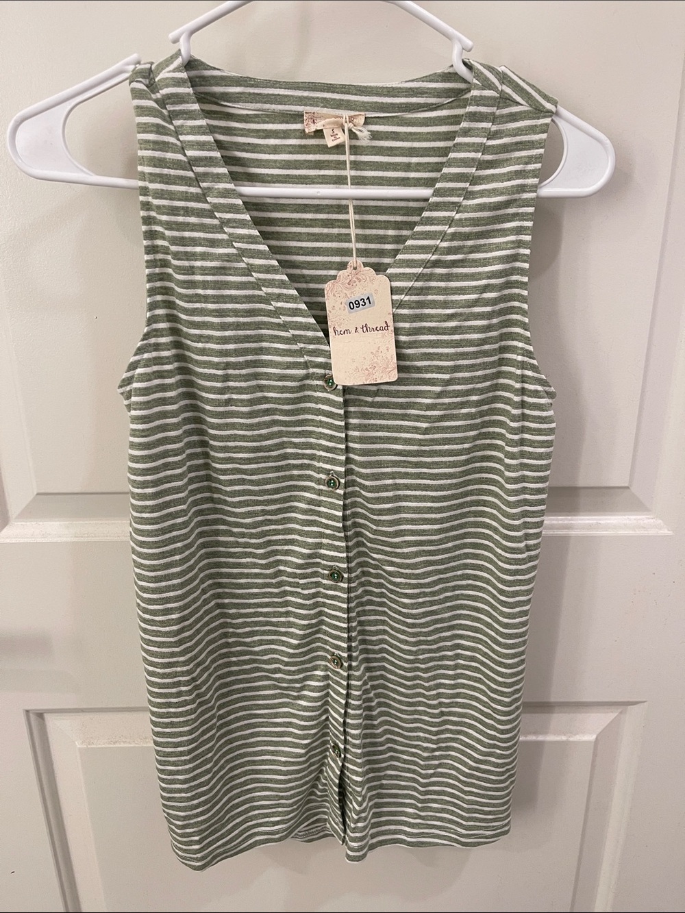 Hem & Thread Olive and White Striped Sleeveless Button Tank